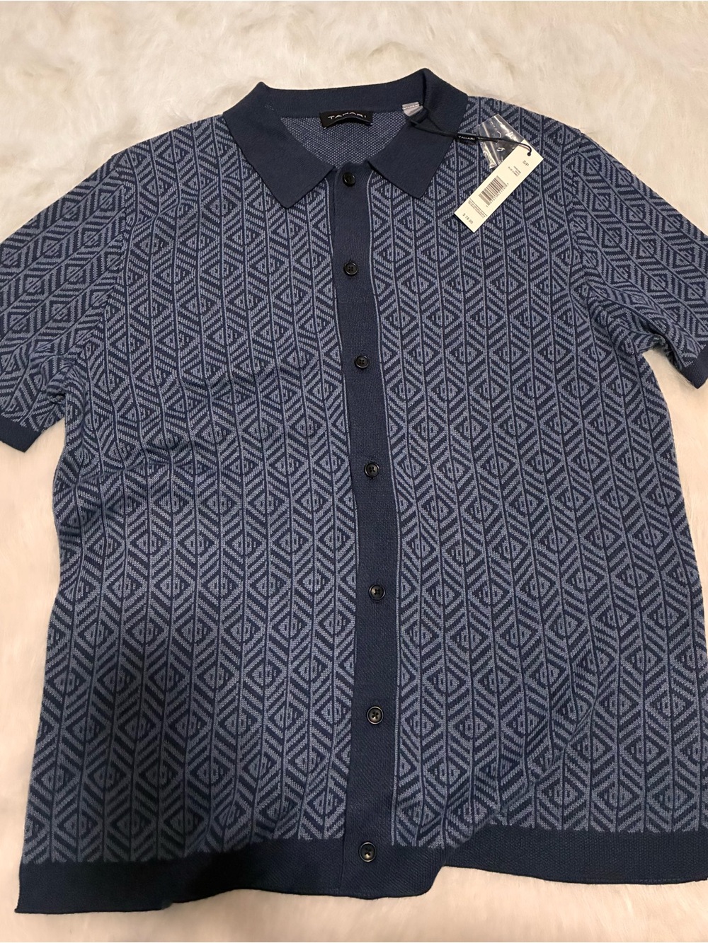 Tahari Navy and Light Blue Geometric Short-Sleeve Knit Polo